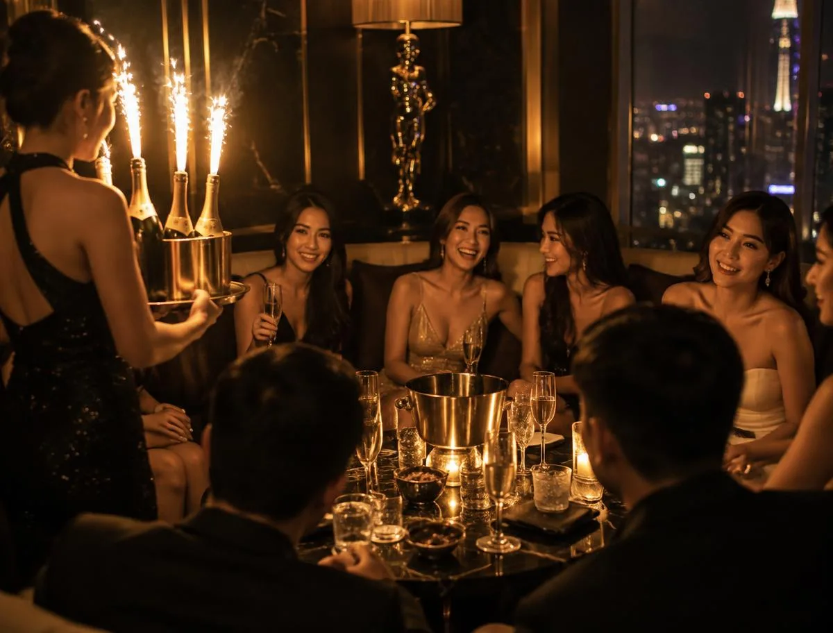 A private club room in gold light with bottle service arriving to a full booth