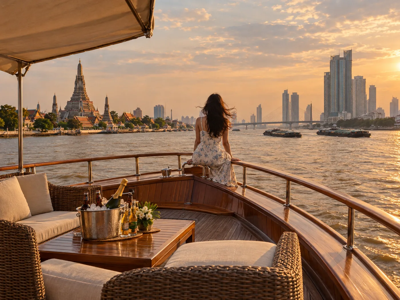 The open deck of a private river cruiser on the Chao Phraya at sunset with a temple on the bank