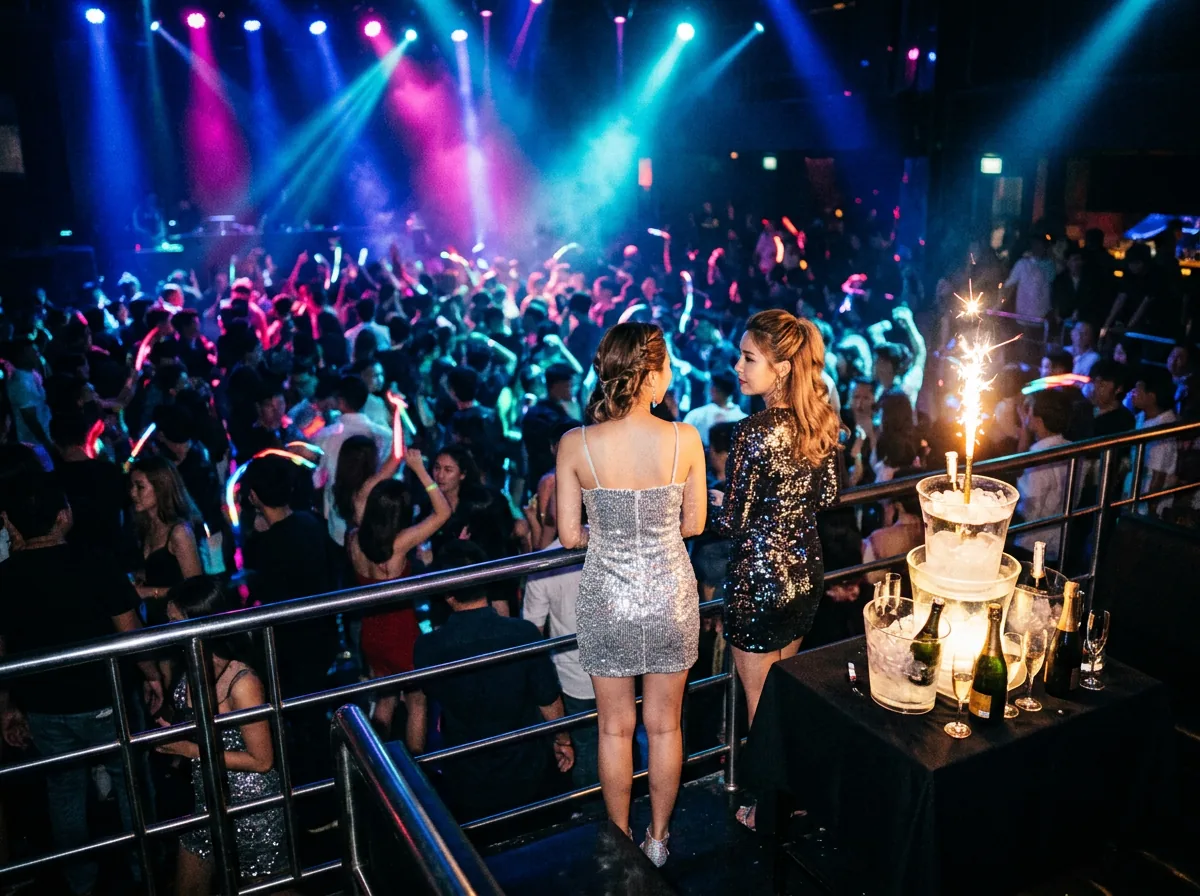 A reserved nightclub table above a crowded dance floor with bottle service arriving