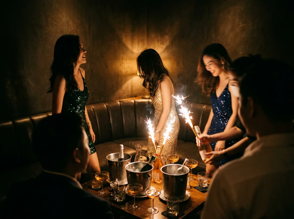 A private club room in warm gold light with sparklers on a full booth table
