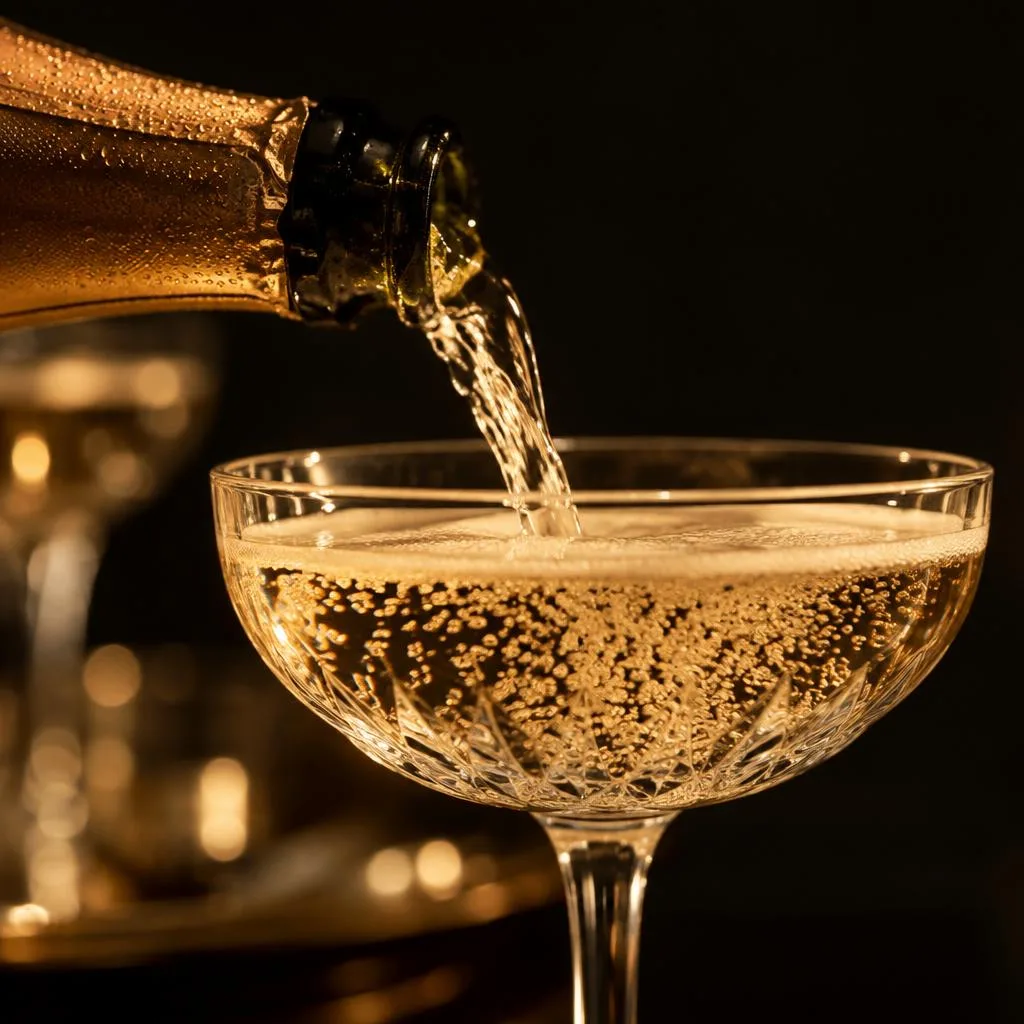 Champagne being poured into a glass at night