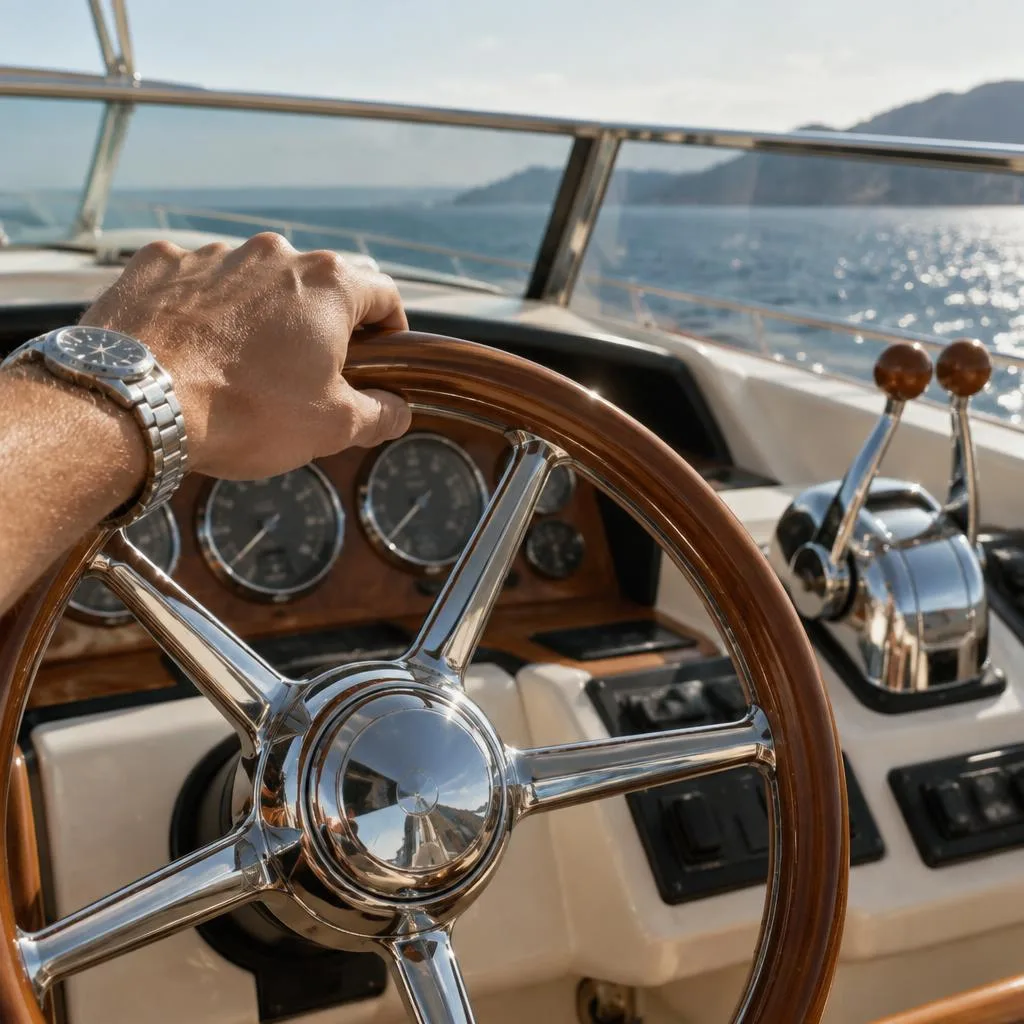 A hand resting on the wheel of a yacht