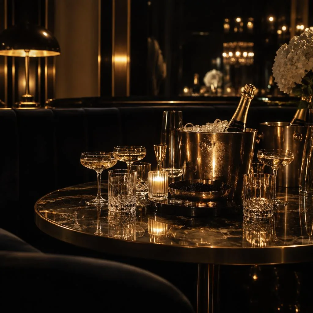 A lit booth table set with ice buckets and glasses