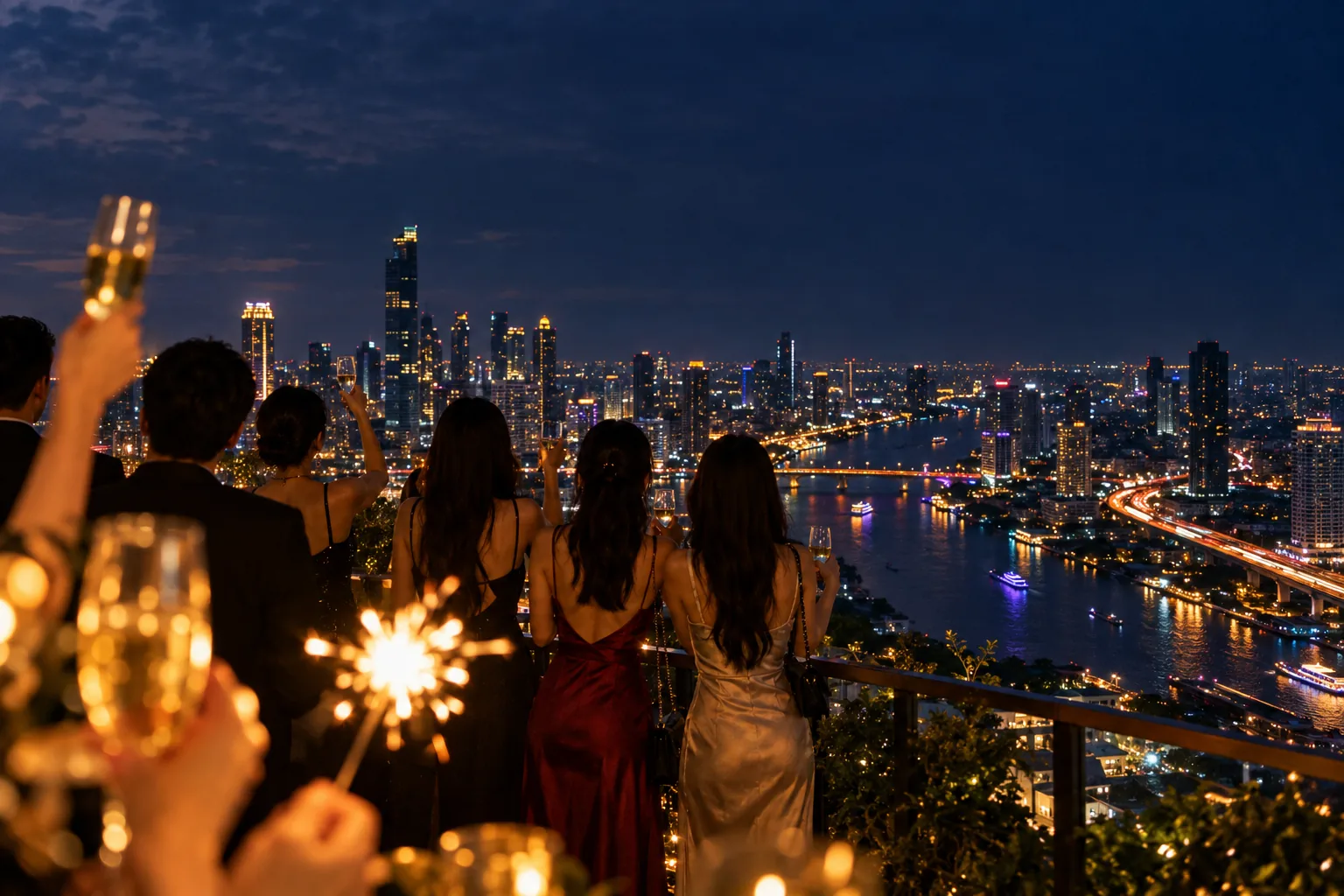 A long table of friends mid-celebration on a packed Bangkok rooftop at night, city towers behind